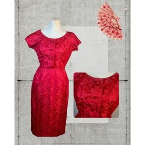 Vintage 50s Madame Koo Red Chinese Jacquard Silk Embroidered Wiggle Dress S/M